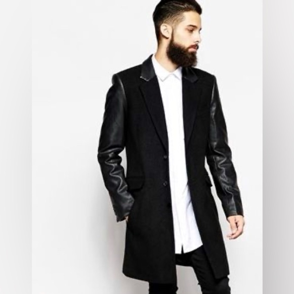 Richmond Black Trench Coat with Leather Sleeves/back